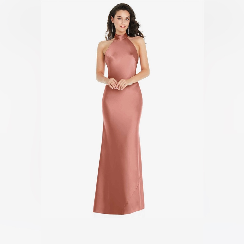 Dessy 8223 SCARF TIE HIGH-NECK HALTER MAXI SLIP DRESS IN DESERT ROSE NWT Size XS